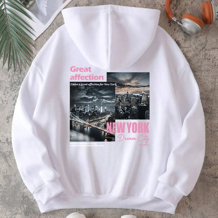 New York Dream City Printed Hoodies Casual Fashion Women Pullover Fleece Warm Pocket Sweatshirt Sporty Oversize Street Clothes