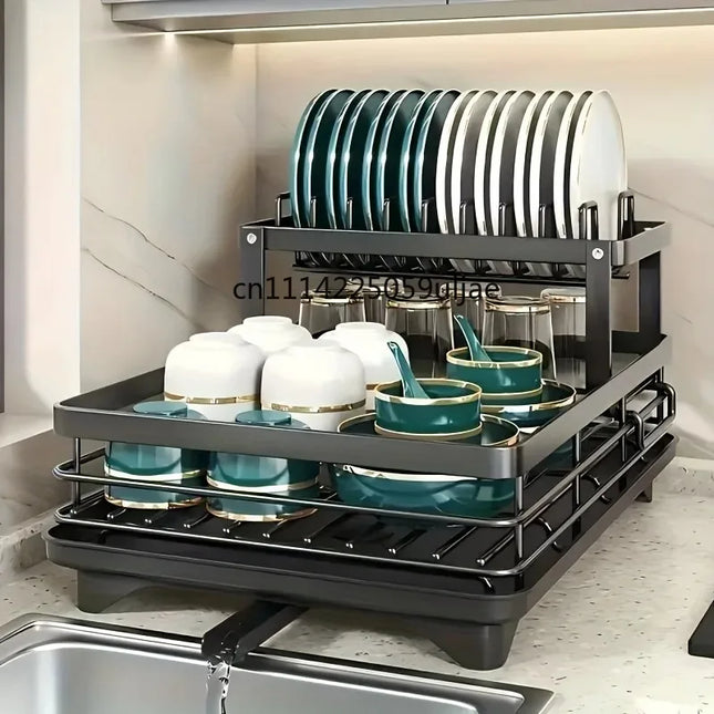 Double-Tier Extendable Dish Drainer – Large-Capacity Utensil Rack & Draining Board for Kitchen Worktops