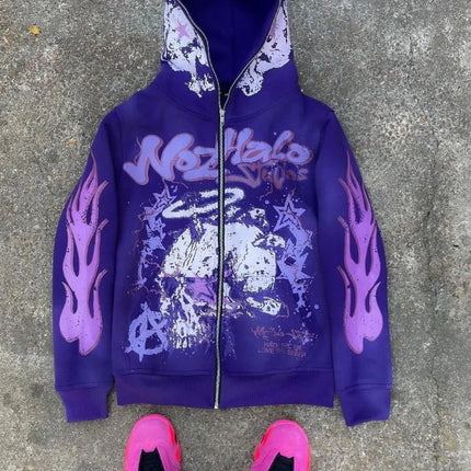 American retro Harajuku street dark hip-hop high street cartoon print zipper hoodie loose hoodie street trendsetters loose trend