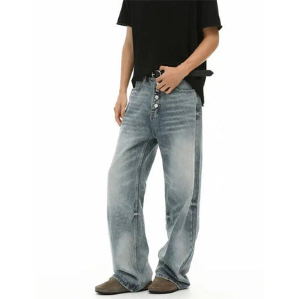 Men's Washed Distressed CatEye Pattern Five Button Jeans Straight Loose Casual Washed Wide Leg Denim Long Pants