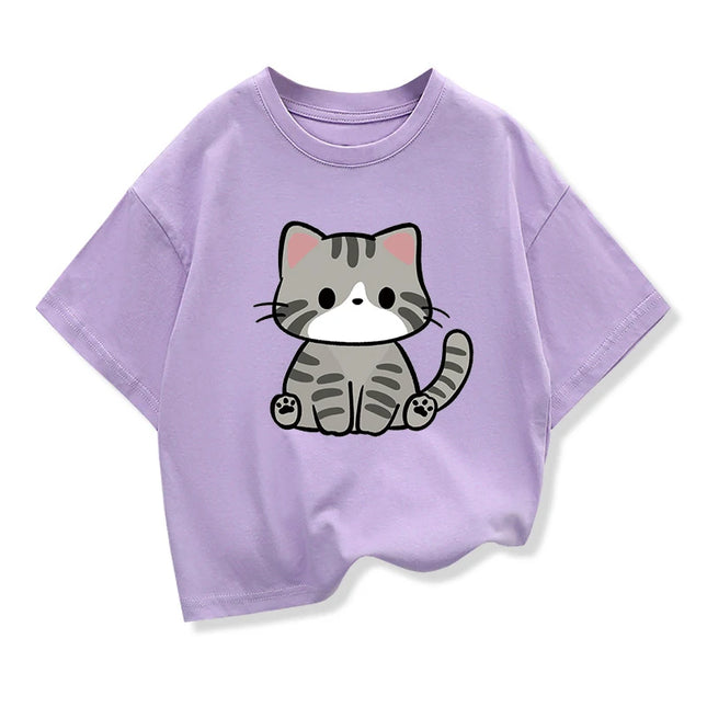 Original Design Summer Children Clothing Kids Short Sleeve t shirts Cute Little Cat Graphic Boys Girls Casual Loose Tee Tops