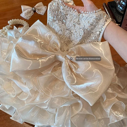 Girl's Princess Dress 2025 New Summer Bright Pearl Dress for Baby Girl's Birthday and First Year Dress with Bow Back Decoration