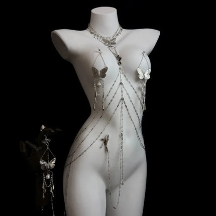 Sexy Butterfly Nipple Clips Body Chains Collar-Integrated Set Paired with Butt Plugs Vaginal Clamps Body Restraints Sex Toys