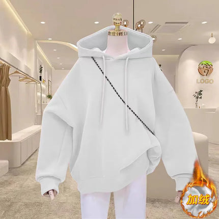 Women's Fleece Lined Hoodie Loose Fit Winter Pure Color Oversize Middle School Style American Korean Jacket Versatile Sweatshirt