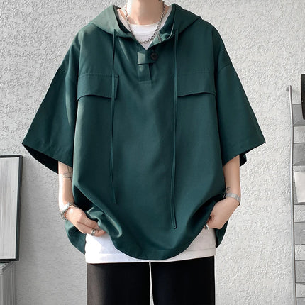 2026 Summer Men Hooded Shirt Korean Half Sleeve Pullover Streetwear Hip Hop Loose Shirt Tops Drawstring Men Clothing M-5XL