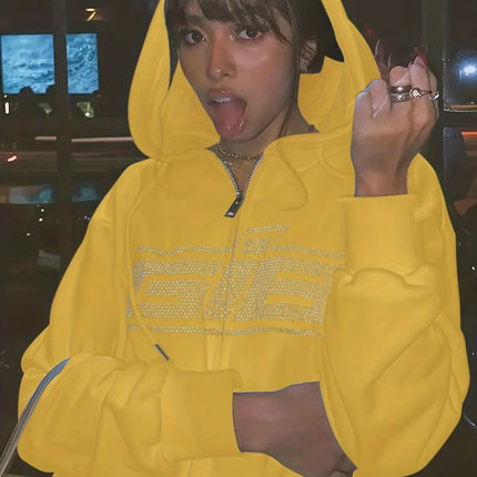 New Rhinestone Letter Print Women Long Sleeve Sweatshirt Hoodies Zipper Loose Oversized Streetwear Casual 2024 Autumn Fall