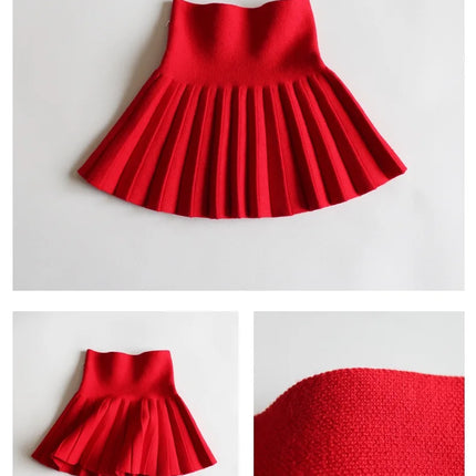 1pc Girls' Knit Skirt, Baby Autumn Winter Princess Pleated Skirts, Children's Student High Waist Mini Tutu Skirts, Kids Solid Dress