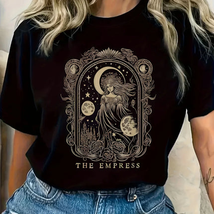 New Year Hot Sale Women's Retro "The Empress" Tarot Card Print - Moon and Star Celestial Body Design Printed T-shirt