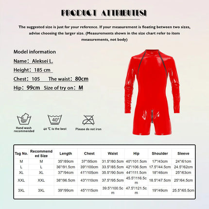 Male Mens Latex Catsuit Wet Look Patent Leather Bodysuit Long Sleeve Romper Zipper Crotch Jumpsuit Underwear Club Stage Costume