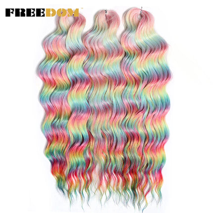 FREEDOM Synthetic Braiding Hair Extensions Deep Wavy 24 inch Long Curly Braids Hair Ombre Brown Rainbow Twist Crochet Hair