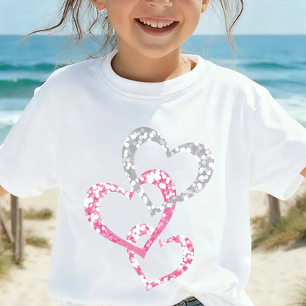 Cartoon Heart Graphic 3D Printed Girl Clothes Casual Short-Sleeve Round Neck Top for Girls Summer Fashion Children's Clothing