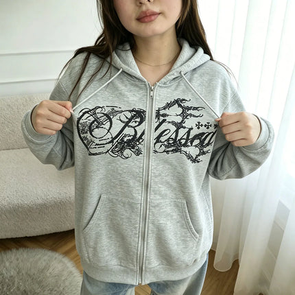 Y2K Harajuku Punk Style Hooded Zipper Hoodie Retro American Alphabet Men and Women with Millennium Style Jacket