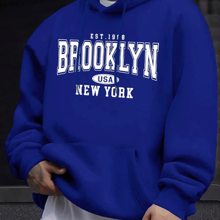 Men's autumn and winter casual fashion loose Brooklyn New York letter printed long sleeved hooded sweatshirt warm pullover