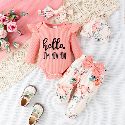4PCS Autumn New Style Baby From 0 To 6 Months Casual Fashion, Multi-Color Pit Strip Letter Printed Hat Suit + Headscarf Hat
