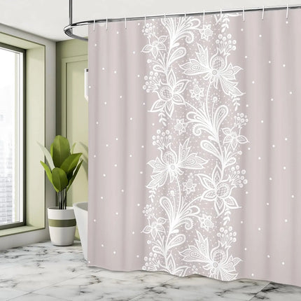 Blush Pink Floral Shower Curtain With White Lace Pattern Elegant Bathroom Decor Romantic Boho Style Water Resistant Fabric Home