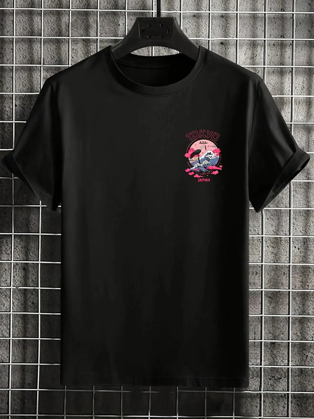 Men's Summer 100% Cotton Tokyo Casual Pattern Printed Fashionable Loose Round Neck Short Sleeve T-Shirt Top
