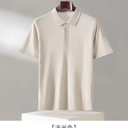 100% Lyocell men's T-shirt casual solid color knitted pullover short sleeved loose POLO collar Tees Pull on vest Tops