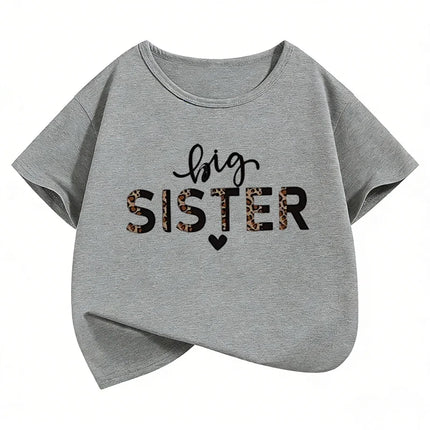 Fashion Big Sister Leopard Print T-Shirts Short Sleeve Kids Children's T-shirt Girls Summer Spring Casual Top Tee Shirt