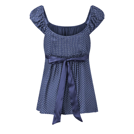 Women Summer Fairy Grunge Y2k Babydoll Shirts Cap Sleeve Micro Polka Dot Tie Back Flowy Slim T-shirts Tops Preppy Clothes
