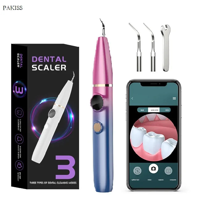 PAKISS Ultrasonic Tooth Cleaner Tartar Plaque Remover with LED 3 Adjustable Modes 2 Replaceable Clean Heads Safe FY-B700