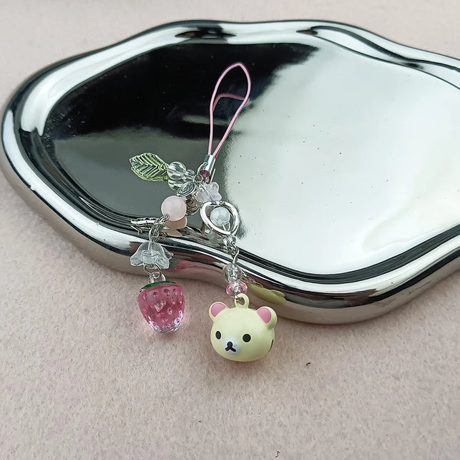 Handmadede Small Bell Bear Pendant Phone Charms Y2K Fairy Core Strawberry Rilakkuma Beaded Keychain Bag Accessories for Girls