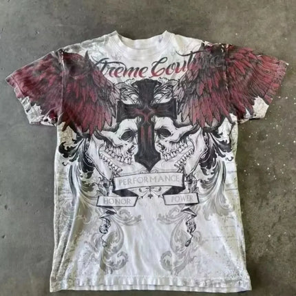 Summer European and American fashion men's breathable and comfortable round neck T-shirt wing cross print outdoor top