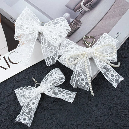 Korean Cute Lace Bow Pearl Beaded Phone Pendant Chain Accessories Aesthetic Ballet Shoes Camera Bag Decoration Keychain Gift