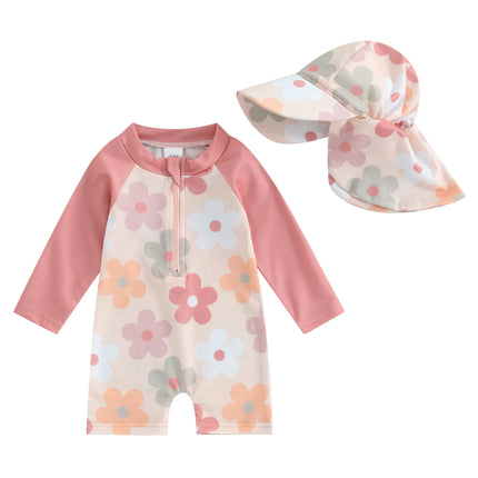 Kids Baby Girls Boys Beach Swimwear Floral/Tropical Tree Print Long Sleeve Zip Up Rompers Swimsuit Bathing Suits with Hat