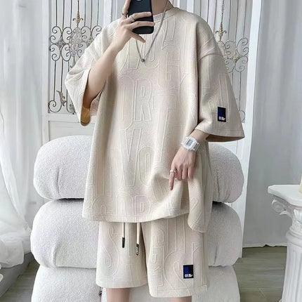 2026 3D Men's new Waffle TZ30 Summer Suit  Casual T-shirt + Shorts Suit Men's Tracksuit Solid color tracksuit loose suit