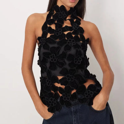 Women Hollow Out 3D Floral Velvet Halter Top Mock Neck Sleeveless Backless Tank Top Sexy Going Out Party Tops Vest