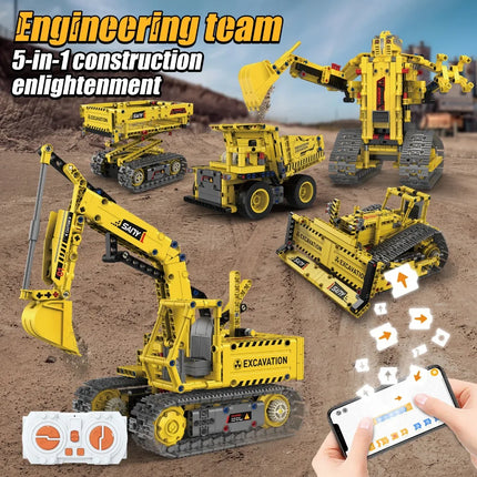 K96173 555pcs 5-in-1 Engineering Vehicle Kit App-Controlled STEM Building Set with RC Programmable Features STEM Education Toy