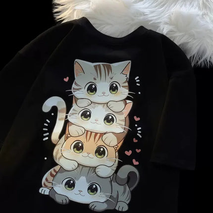 Cute Cartoon Cat Print Women's Round Neck Short-Sleeved T-Shirt Casual Loose Versatile Summer T-Shirt
