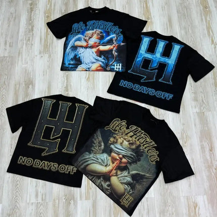 90s Comfortable Printed Fire Element Pure Cotton Series Short-Sleeves Black Minimalism American Street Casual Sports T-shirts