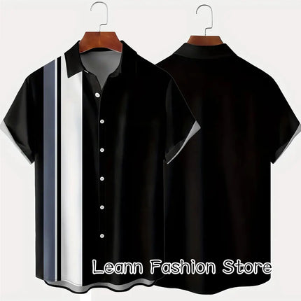 Men's Summer Poker Symbol Stripe Print Shirt Casual Beach Short Sleeve Clothing Male Button Lapel Collar Shirt Fashion Leisurewear