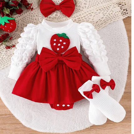 0-18M Baby Strawberry Bodysuit Dresses For Girls Long Sleeve Red Romper Newborns Onesies With Baby Socks Headband Clothing