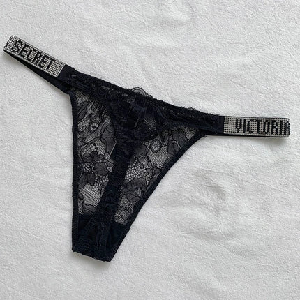 2025 New Satin Letter Rhinestone G-String Women Underwear Sexy Lace Lingerie Low Waist Seamless Panties Panties