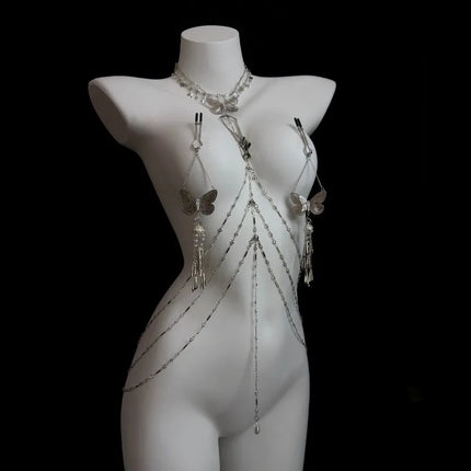 Sexy Butterfly Nipple Clips Body Chains Collar-Integrated Set Paired with Butt Plugs Vaginal Clamps Body Restraints Sex Toys