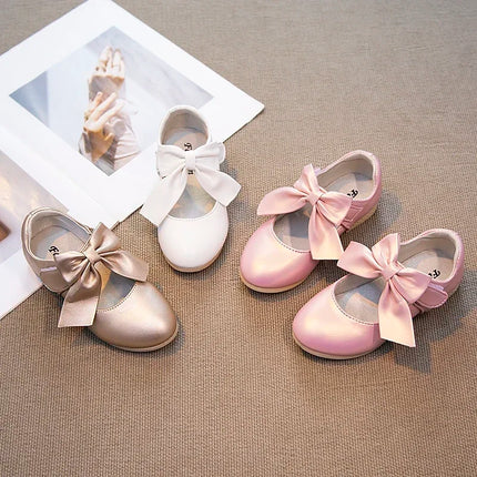 Girls Leather Shoes with Big Bow-knot Princess Sweet Classic Fashion Children Party Shoes White for Wedding Soft Anti-slippery