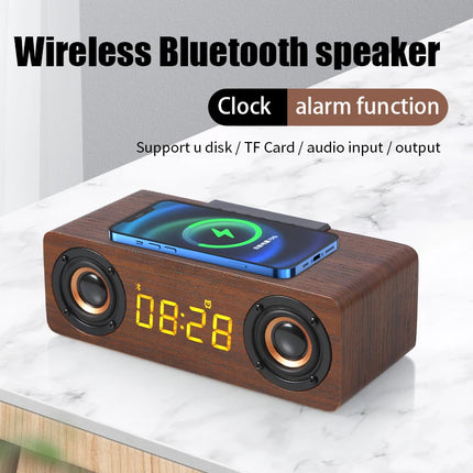 Fast Wireless Charger Wooden Wireless Bluetooth Speaker Alarm Clock with Subwoofer 3D Stereo Boombox Sound Bar for Computer TV