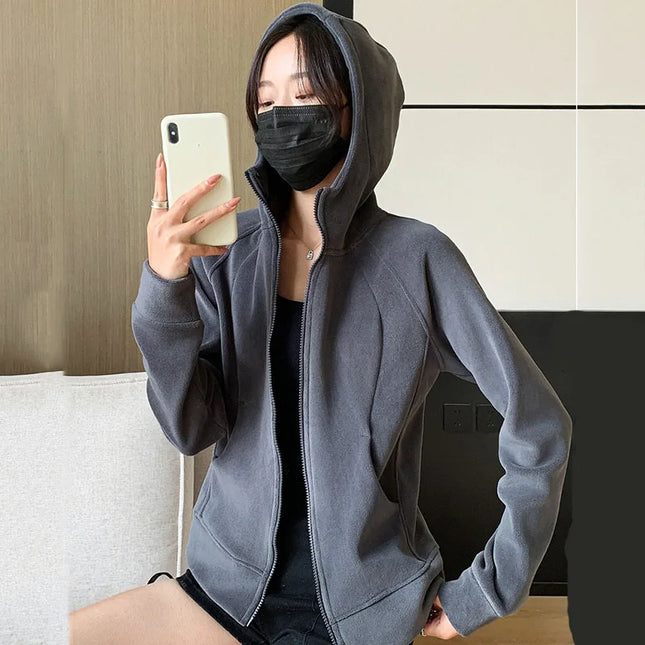 Hooded Zip-Up Sports Jacket Women 2025 Autumn Winter Fleece-Lined Thicken Hoodies Woman Solid Casual Loose Sweatshirts Cardigan