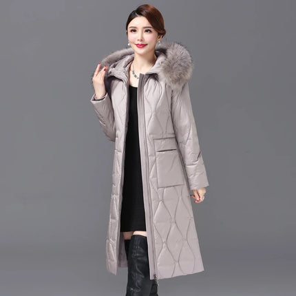 Shengyu Boya Over-The-Knee Long Down Jacket for Middle-Aged and Elderly Women, Thickened with Raccoon Fur Collar, New Winter Coat