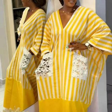 Women's clothing 2026 autumn new style sweet and fresh striped V-neck batsleeves loose large-size dress long dress