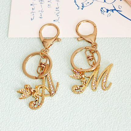 A-Z Rhinestone Elf Girl Letter Keychain Gold Color Initial Name Keyrings Girls Car Key Holder Handbag Purse Charms Decoration