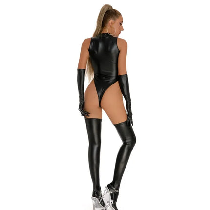 Sexy Women Leather Catsuits With Long Stocking Gloves High Cut Wetlook Latex Bodysuit Lingerie Set Stage Wear Clubwear Overalls