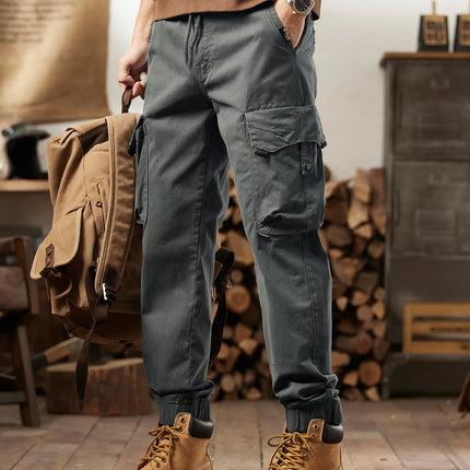 Men Tactical Cargo Joggers Multi Button Pocket Drawstring Waist Pants Vintage Military Outdoor Work Streetwear Casual Trousers