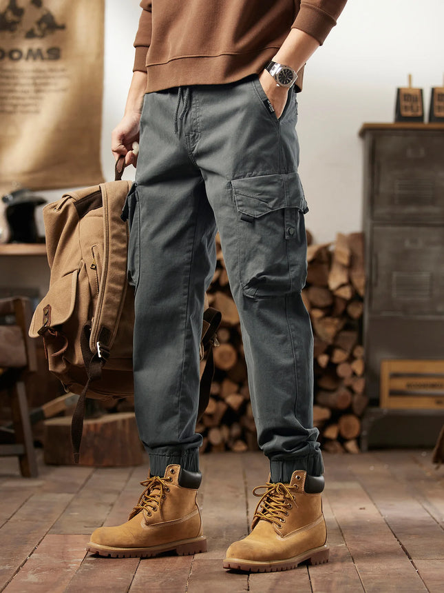 Men Tactical Cargo Joggers Multi Button Pocket Drawstring Waist Pants Vintage Military Outdoor Work Streetwear Casual Trousers