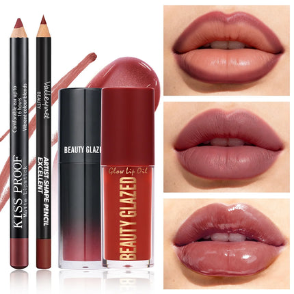 4Pcs/Set Velvet Lip Combo Set Matte Lip Liner Lipstick Lip Oil Nude Lip Gloss Long-lasting Waterproof Lip Look Lip Makeup