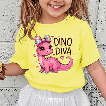 Girls' Kawaii Cartoon Dinosaur Graphic T-Shirt Cute Pink Bow Hearts Print T-Shirt Kids Short Sleeve Tee Y2k Children's Clothing