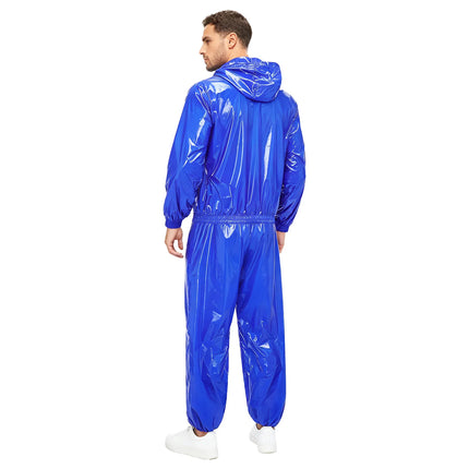 Mens Waterproof Sauna Outfit Glossy Sweat Suit Hooded Tracksuit Hooded Jacket with Jogging Track Pants for Fitness Training