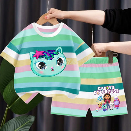 Gabby Dollhouse Children Summer Clothes Shorts Suit 2pcs Striped T-shirt Set Kid Tops Girl Tracksuits Outfits Boy Sport Tee Gift